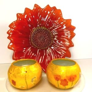 A Blooming red sunflower decorative plate and two vintage candle holders